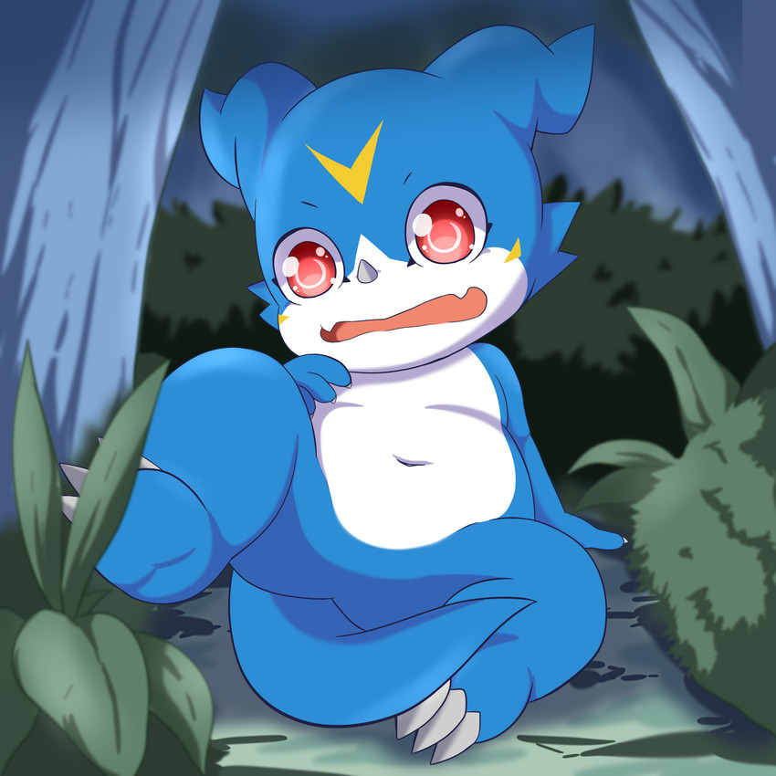 ambiguous_gender blue_body butt claws cute_fangs fangs feral grass looking_at_viewer markings one_leg_up open_mouth outside plant raised_leg red_eyes scared shrub slightly_chubby solo teeth toe_claws tree young young_feral toruu bandai_namco digimon digimon_(species) scalie veemon 1:1 absurd_res hi_res