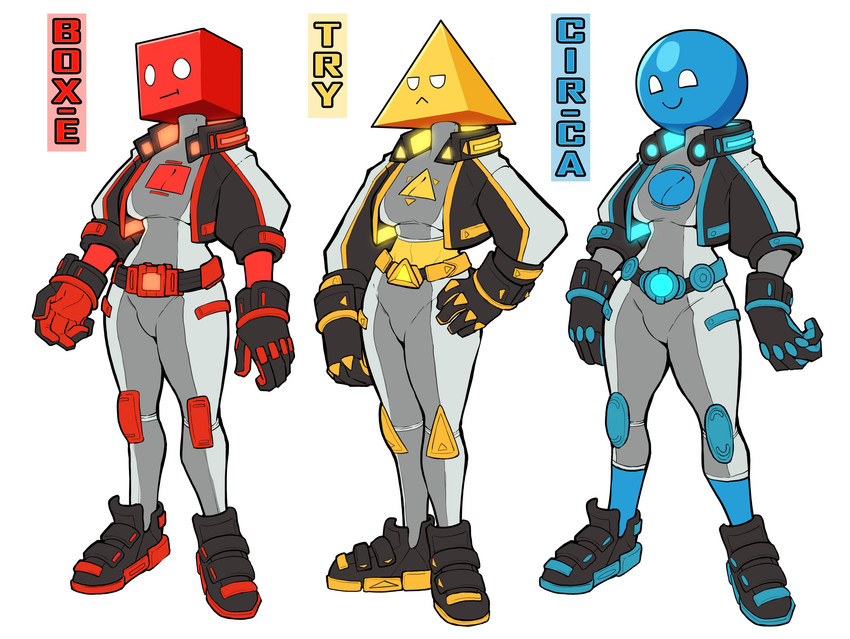 5_fingers belt blue_body blue_skin bodysuit cleavage_cutout clothed clothing cube_(object) cutout female fingers footwear for_a_head frown gloves group hand_on_hip handwear jacket knee_pads midriff navel no_pupils not_furry pyramid red_body red_skin shoes simple_background skinsuit smile sneakers sphere standing tight_clothing topwear white_background yellow_body yellow_skin ceehaz box-e_(ceehaz) cir-ca_(ceehaz) try_(ceehaz) humanoid object_head 2019 absurd_res colorful_theme hi_res