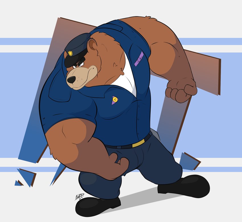 anthro black_nose bottomwear brown_body brown_fur clothing fur hat headgear headwear humanoid_hands male muscular muscular_male pants police police_hat police_officer police_uniform shirt solo topwear uniform bowsarthekoopa brok_the_investigator cowcat_games r.j._(brok_the_investigator) bear mammal 2023 hi_res