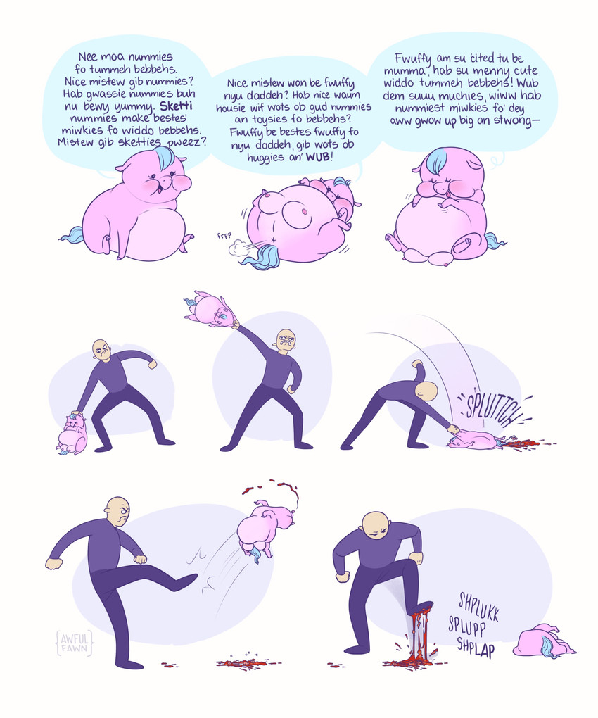 abuse angry animal_abuse anus beaten blood blue_hair blue_tail bodily_fluids clothed clothed_human clothing crotch_breasts crush death dialogue duo dying eyes_closed fart female female_feral feral fully_clothed fully_clothed_human fur genitals gore hair kick killing male male_human nosebleed nude pain pink_body pink_fur pregnant pregnant_female pregnant_feral purple_clothing sitting smile suffering tail text toony violence vulva young young_female young_feral awfulfawn fluffy_pony fluffy_pony_(species) human mammal 2025 5:6 absurd_res artist_name digital_drawing_(artwork) digital_media_(artwork) english_text flat_colors hi_res intralingual_translation