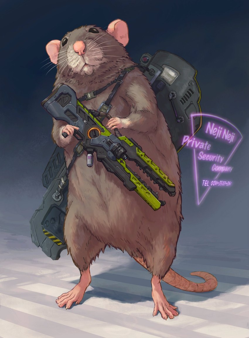 5_fingers 5_toes ballistic_shield beady_eyes biped black_eyes brown_body brown_fur buckle featureless_crotch feet feral fingers front_view fur glistening glistening_eyes gun holding_gun holding_object holding_ranged_weapon holding_weapon looking_at_viewer mercenary nude phone_number pink_nose railgun ranged_weapon rifle_sling semi-anthro shield simple_background solo standing text toes weapon whiskers nejumipro mammal murid murine rat rodent 2022 english_text full-length_portrait hi_res portrait