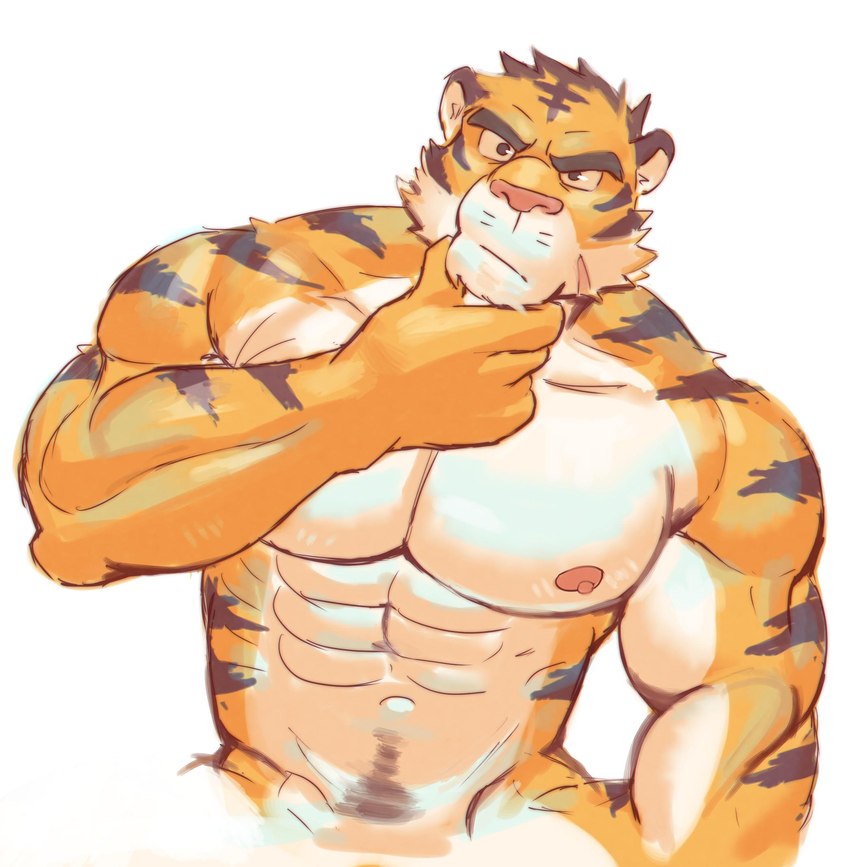 abs anthro areola countershading facial_scar fur male muscular muscular_anthro muscular_male nipples nude orange_body orange_fur pecs scar simple_background solo striped_body striped_fur stripes white_background episode0006 felid mammal pantherine tiger hi_res