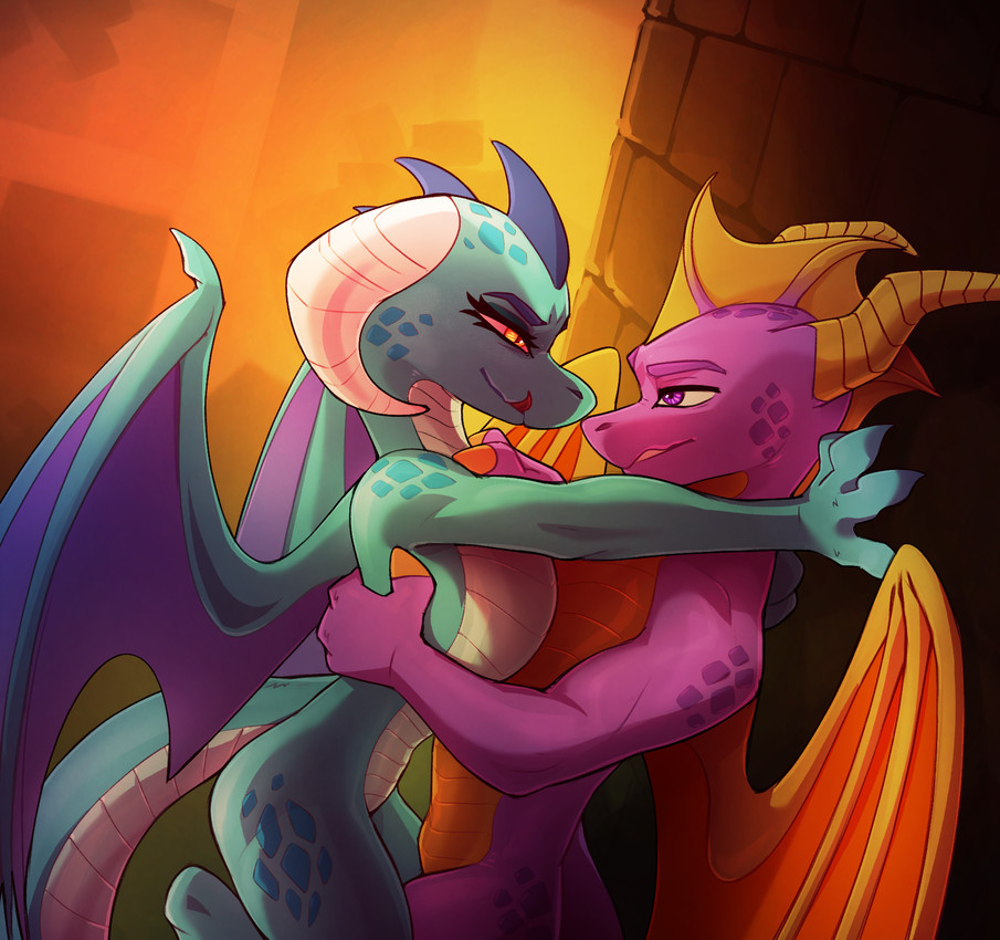 against_surface against_wall anthro blue_body duo female hand_on_shoulder hug hugging_another male male/female purple_body scales spread_wings standing wings conditional_dnp shido-tara activision friendship_is_magic hasbro my_little_pony mythology spyro_the_dragon princess_ember_(mlp) spyro dragon mythological_creature mythological_scalie scalie hi_res