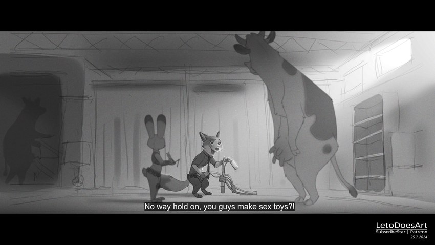 anthro barefoot belt biped black_bars clothed clothing crouching dialogue exclamation_point feet female fur group hooves horn humor machine male milking_machine nude open_mouth question short_tail tail teats text trio udders letodoesart disney zootopia judy_hopps nick_wilde bovid bovine canid canine cattle european_rabbit fox lagomorph leporid mammal oryctolagus rabbit 16:9 english_text hi_res letterbox monochrome widescreen