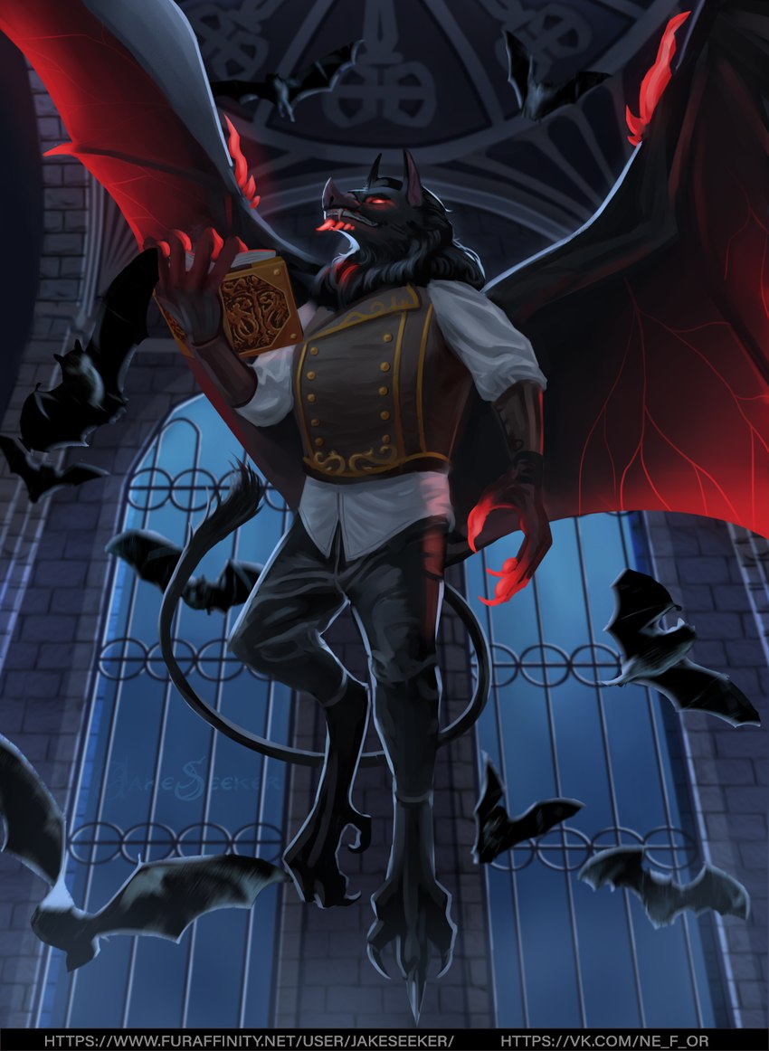 anthro book claws clothed clothing detailed_background fangs fantasy fingers flying glowing glowing_eyes glowing_wings hair holding_object leather leather_clothing looking_at_viewer male medieval medieval_clothing solo teeth window wings jakeseeker bat canid canine canis mammal vampire wolf hi_res