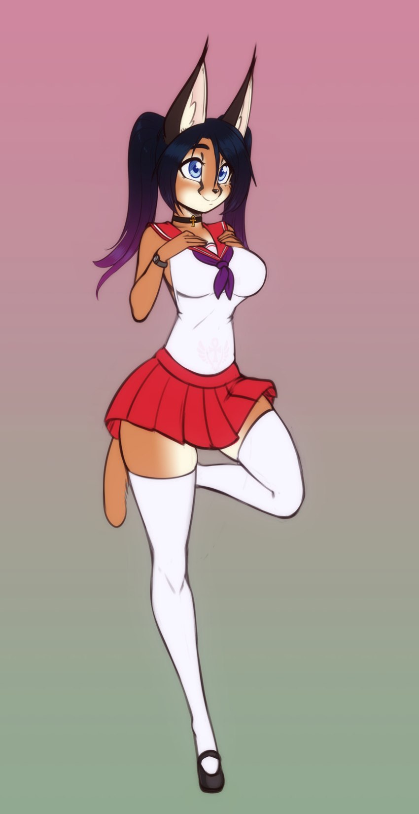 ankh ankh_choker ankh_necklace anthro backless_clothing breasts choker clothing egyptian egyptian_clothing female footwear jewelry legwear necklace school_uniform shoes socks solo thigh_highs thigh_socks uniform scorpdk caracal caracal_(genus) felid feline mammal absurd_res hi_res