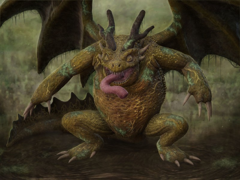 4_fingers 4_toes ambiguous_gender anthro antlers biped bodily_fluids brown_horn claws detailed_scales featureless_crotch feet fingers frill_(anatomy) front_view green_body green_scales green_spots green_tail green_wings horizontal_pupils horn long_tail long_tongue markings membrane_(anatomy) membranous_frill membranous_wings moss open_mouth overweight overweight_ambiguous overweight_anthro pink_tongue plant pupils saliva saliva_string scales sharp_teeth solo spikes spots spotted_markings spotted_tail spread_wings standing swamp tail tail_frill tail_markings teeth toe_claws toes tongue tongue_out white_claws wings yellow_eyes schlossbauer asian_mythology east_asian_mythology mythology amphibian dragon eastern_dragon frog hybrid mythological_creature mythological_scalie scalie toad_(frog) 2017 3d_(artwork) 4:3 detailed digital_media_(artwork) full-length_portrait green_theme hi_res portrait zbrush_(artwork)