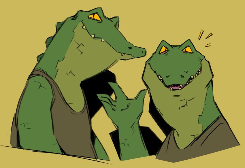 anthro clothing dorsal_ridge green_body looking_at_viewer male open_mouth shirt simple_background solo spines tank_top teeth topwear yellow_eyes flookz alligator alligatorid crocodilian reptile scalie 2023 bust_portrait digital_media_(artwork) hi_res portrait