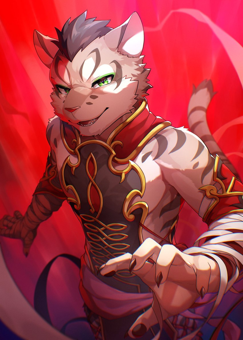 5_fingers anthro clothing fingers fur gradient_background green_eyes male open_mouth red_background simple_background solo ponzu_tas nekojishi studio_klondike shu-chi deity felid feline leopard_cat mammal prionailurus 2023 digital_media_(artwork) hi_res