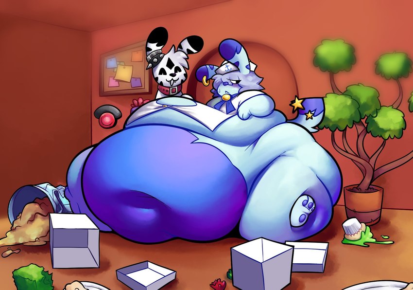 accessory ambiguous_gender anthro blue_body blue_fur box clothing collar container cupcake detailed_background duo ear_cuff ear_piercing ear_ring feet food fur furgonomics hair handpaw hat head_tuft headgear headwear hindpaw inside morbidly_obese morbidly_obese_anthro obese obese_anthro overweight overweight_anthro pawpads paws piercing plant plant_pot potted_plant ring_piercing sitting tail tail_accessory tight_clothing trash_can tuft white_body white_fur spleeep moshi_monsters fan_character felid feline katsuma_(species) mammal monster_(moshi_monsters) hi_res