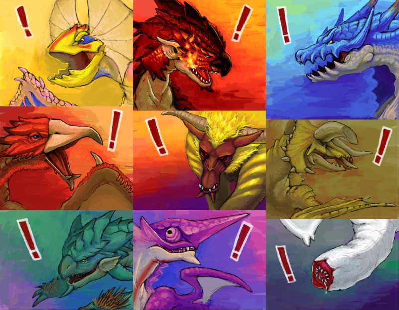 ambiguous_gender beak blue_eyes exclamation_point feral fur group horn male membrane_(anatomy) membranous_wings open_mouth red_eyes wings yellow_eyes unknown_artist capcom european_mythology monster_hunter mythology bird_wyvern chameleos diablos_(mh) dragon elder_dragon flying_wyvern hypnocatrice khezu lagiacrus leviathan_(mh) mammal mythological_creature mythological_scalie primatius rajang rath_wyvern rathalos rathian scalie western_dragon wyvern yian_kut-ku 2010 bust_portrait colorful_theme digital_media_(artwork) digital_painting_(artwork) hi_res portrait