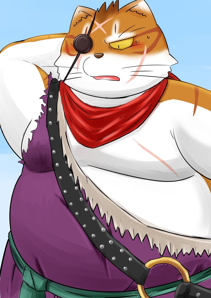 anthro belly blush eye_patch eyewear kemono male orange_body overweight overweight_male scar solo white_body marumu_5656 dragon_quest dragon_quest_x square_enix cat_ribeiro domestic_cat felid feline felis mammal 2022 hi_res