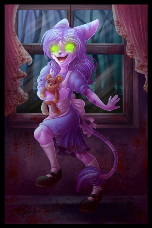 anthro black_border blood bodily_fluids border clothed clothing dress female fur glowing glowing_eyes green_eyes hair plushie purple_body purple_fur purple_hair solo tail tail_tuft teddy_bear tuft dolphydolphiana 2k_games bioshock ratchet_and_clank sony_corporation sony_interactive_entertainment lati_the_lombax little_sister_(bioshock) lombax mammal 2010 hi_res