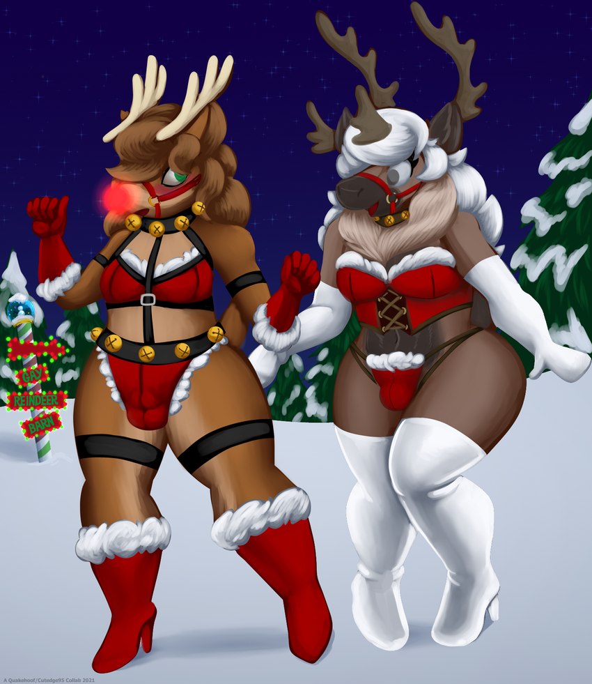 anthro bondage_gear boots butt butt_grab christmas_clothing clothed clothing crossdressing duo footwear gloves hand_on_butt handwear high_heeled_boots high_heels holidays legwear male male/male shoes thick_thighs thigh_boots thigh_highs cutedge95 quakehoof christmas rudolph_the_red-nosed_reindeer deer mammal new_world_deer reindeer artist_collaboration hi_res