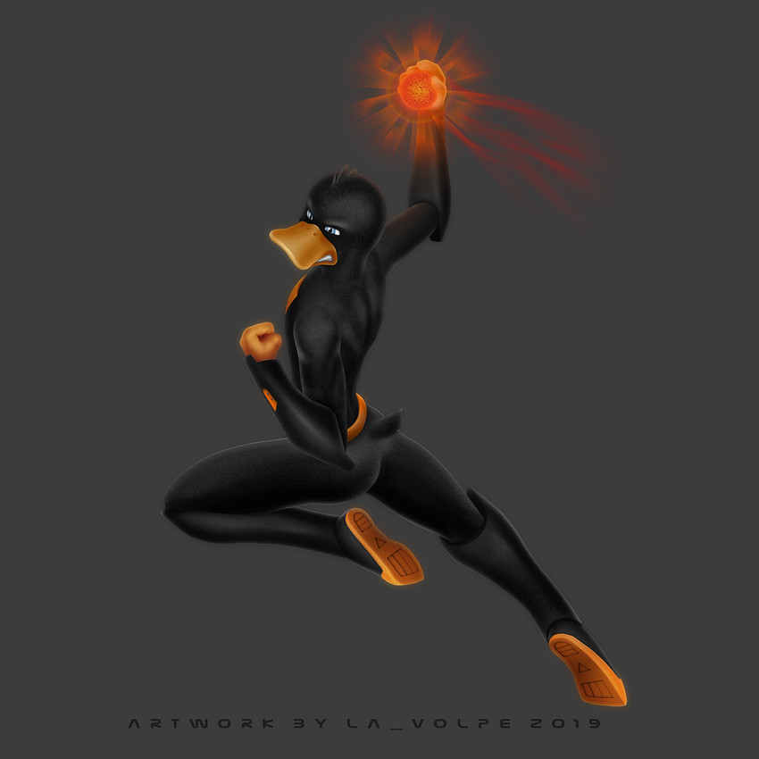 blue_eyes bodysuit clothing fire fireball jumping male simple_background skinsuit solo superhero superpowers teeth text tight_clothing la_volpe loonatics_unleashed looney_tunes warner_brothers danger_duck anatid anseriform avian bird duck 1:1 hi_res