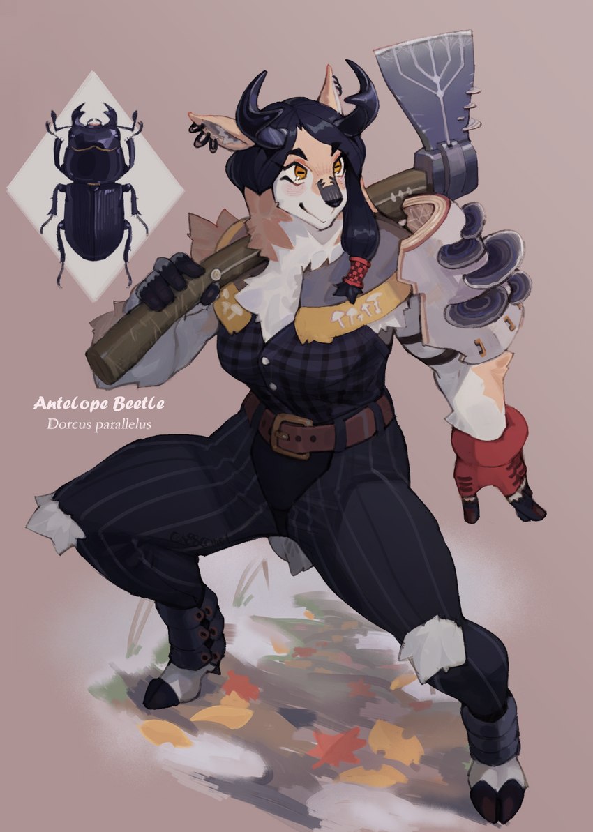 anthro axe biped bottomwear clothed clothing ear_piercing ear_ring female holding_object hooves horn pants piercing ring_piercing smile solo_focus hideki_kaneda arthropod beetle deer insect mammal hi_res