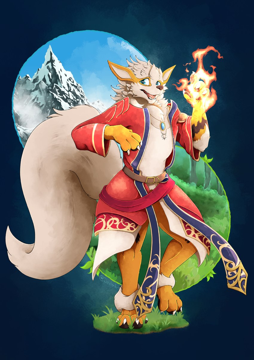 anthro clothing fire male pose robe solo dexterthederg nintendo pokemon arcanine generation_1_pokemon pokemon_(species) full-length_portrait hi_res painting_(artwork) pinup portrait