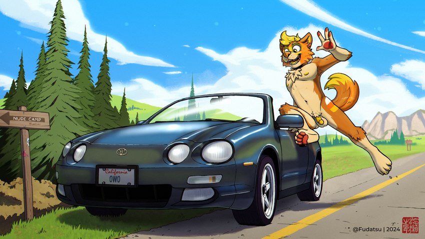 anthro barefoot blonde_hair blue_sky blue_text california candycorn_wusky car claws directional_arrow directional_sign evergreen_tree feet fur genitals grey_car hair humanoid_genitalia humanoid_penis landscape male mountain nature navel nipples nude open_mouth open_smile orange_body orange_fur outside pawpads penis pine_tree pink_nose plant red_pawpads red_text sky smile solo tan_body tan_fur teeth_showing text tongue_showing tree vehicle white_cloud white_text fudatsu toyota toyota_celica canid canine canis domestic_dog husky hybrid mammal nordic_sled_dog spitz wolf wolfdog english_text hi_res