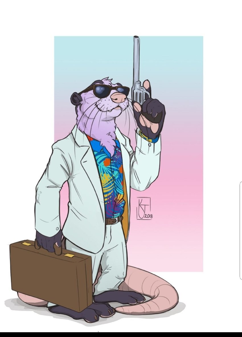 aloha_shirt anthro briefcase clothing eyewear gun holding_briefcase male pattern_clothing pattern_shirt pattern_topwear ranged_weapon shirt simple_background smile solo sunglasses topwear weapon mgferret orin_(softdiamond) mammal mustelid otter 2018 hi_res signature