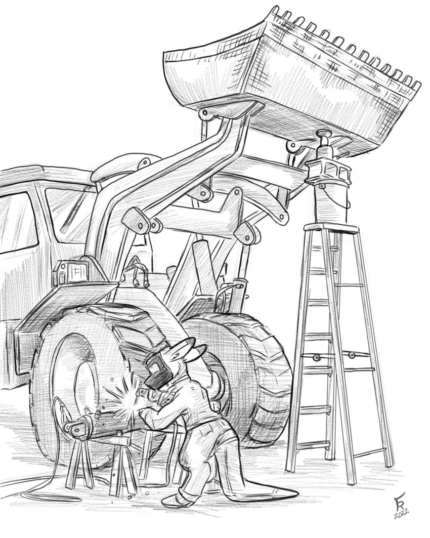 anthro clothed clothing construction_equipment construction_vehicle dipstick_ears ear_markings face_shield ladder loader male mask multicolored_ears solo vehicle welding welding_mask wheel_loader flinters rufus_black kangaroo macropod mammal marsupial 2022 4:5 greyscale hi_res monochrome