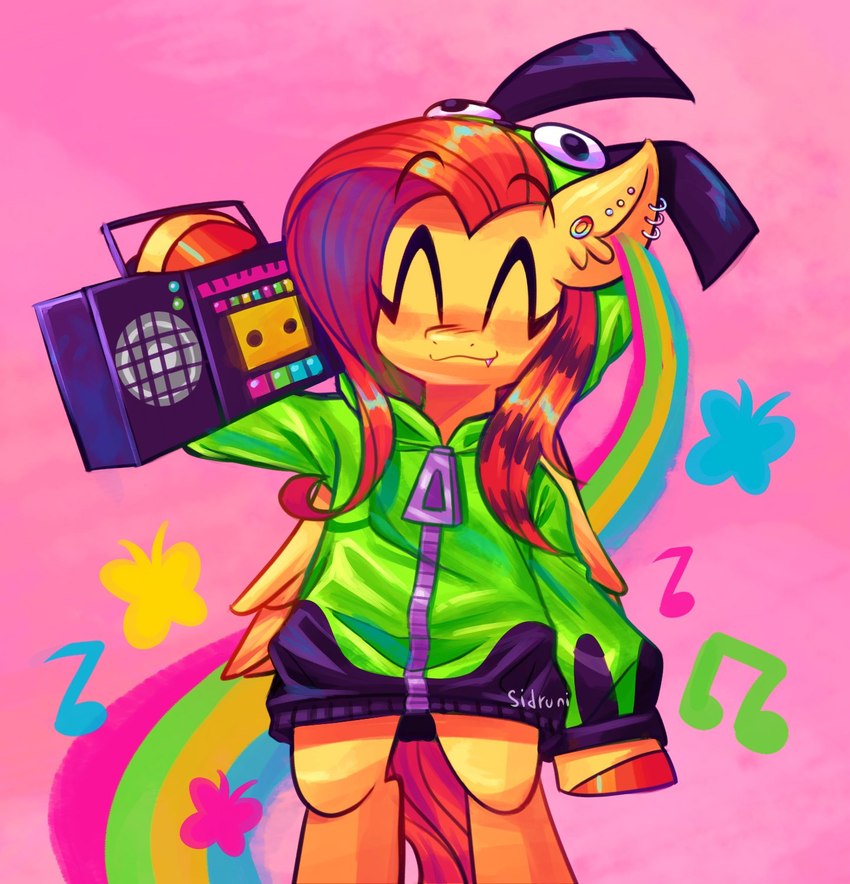 2000s_theme alternative_fashion anthro anthrofied boombox chibi clothing coontail_hair cosplay costume crossover_cosplay cute_fangs ear_piercing ear_ring eyebrow_through_hair eyebrows eyes_closed fangs feathers female frutiger_metro fur gir_hoodie hair happy holding_object hoodie hooves long_hair musical_note musical_symbol piercing pink_background pink_hair rainbow ring_piercing scene_(fashion) semi-anthro simple_background smile solo standing symbol teeth topwear translucent translucent_hair wings yellow_body yellow_feathers yellow_fur zipper sidruni antonymph friendship_is_magic hasbro invader_zim my_little_pony mythology nickelodeon fan_character fluttershy_(mlp) fluttgirshy gir_(invader_zim) equid equine mammal mythological_creature mythological_equine pegasus 2023 colorful_theme crossover digital_media_(artwork) digital_painting_(artwork) hi_res warm_colors