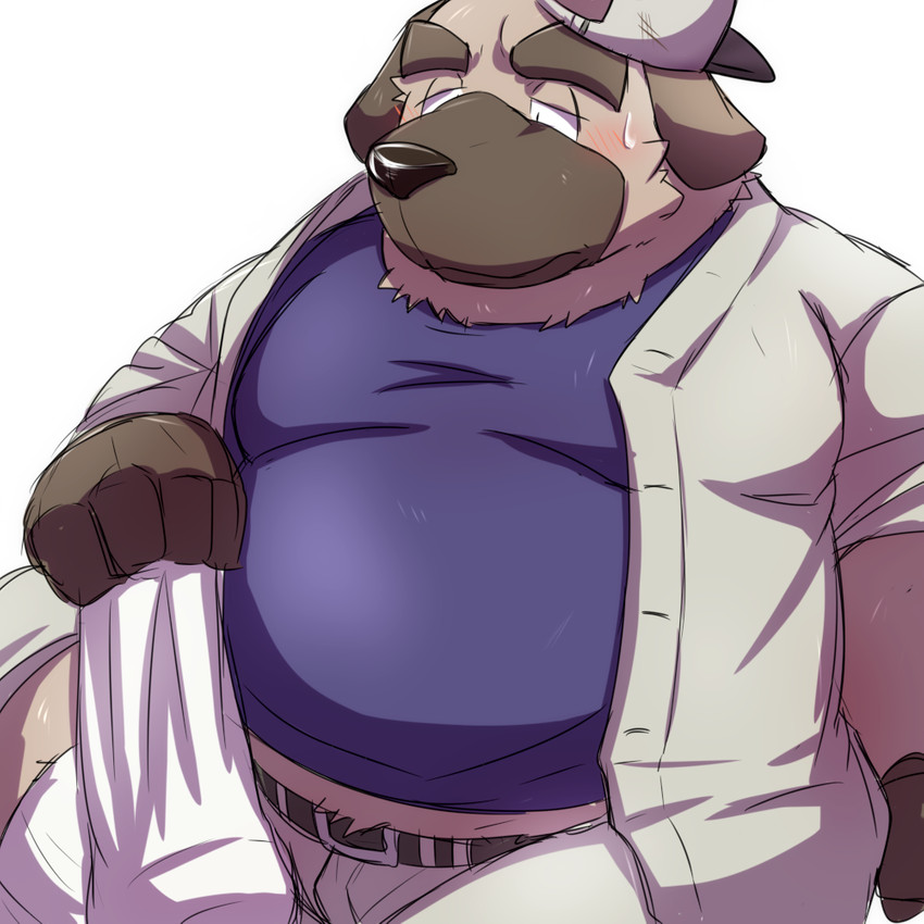 anthro belly blush bodily_fluids bottomwear brown_body brown_fur clothing fur kemono male overweight overweight_anthro overweight_male pants shirt simple_background sitting solo sweat topwear white_background emufu canid canine canis domestic_dog mammal 1:1 2017