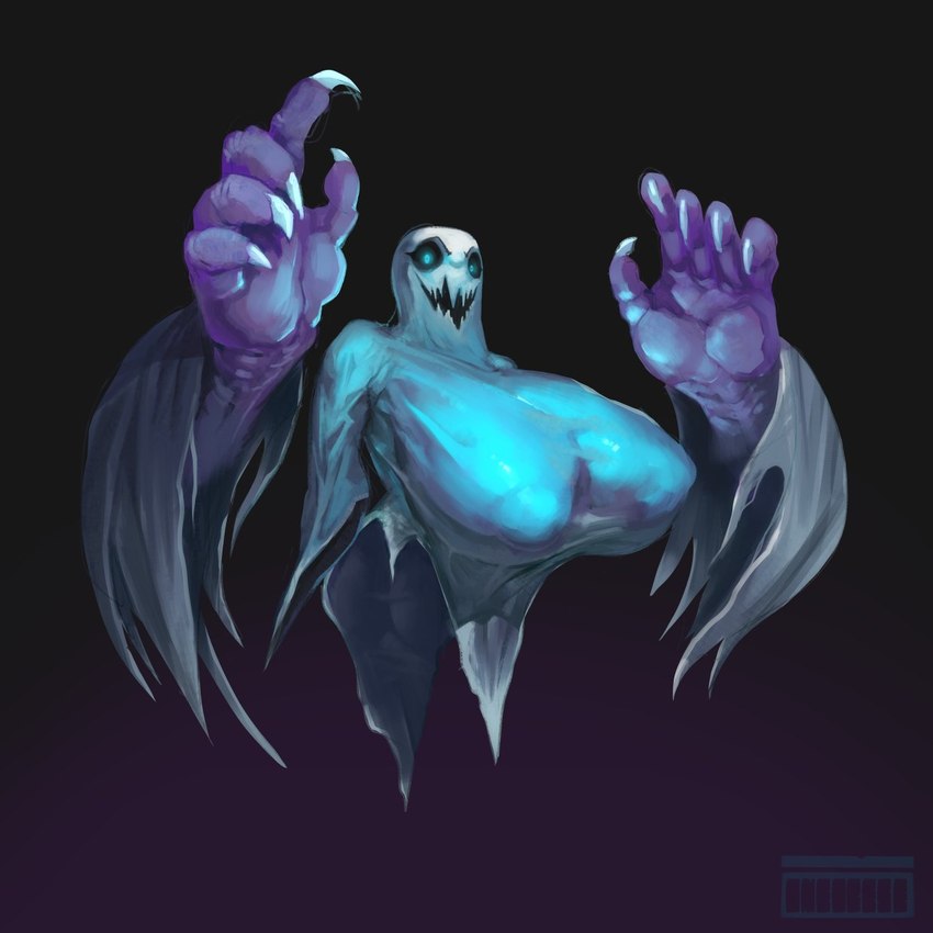 bedsheet_ghost big_breasts breasts claws female floating floating_hands glowing glowing_eyes huge_breasts nipple_outline nipples not_furry scary solo oneobese ghost monster spirit 1:1 hi_res