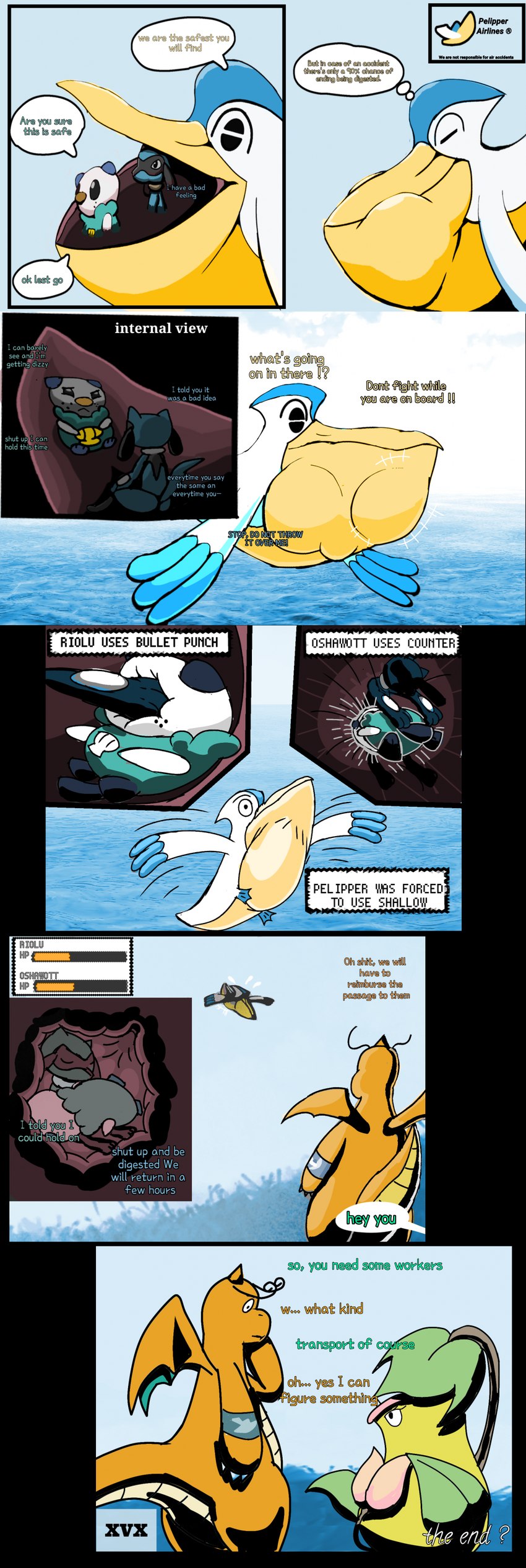 accidental_vore digestion group oral_vore text vore xxvvxx nintendo pokemon dragonite generation_1_pokemon generation_3_pokemon generation_4_pokemon generation_5_pokemon oshawott pelipper pokemon_(species) riolu victreebel absurd_res alpha_channel comic english_text hi_res