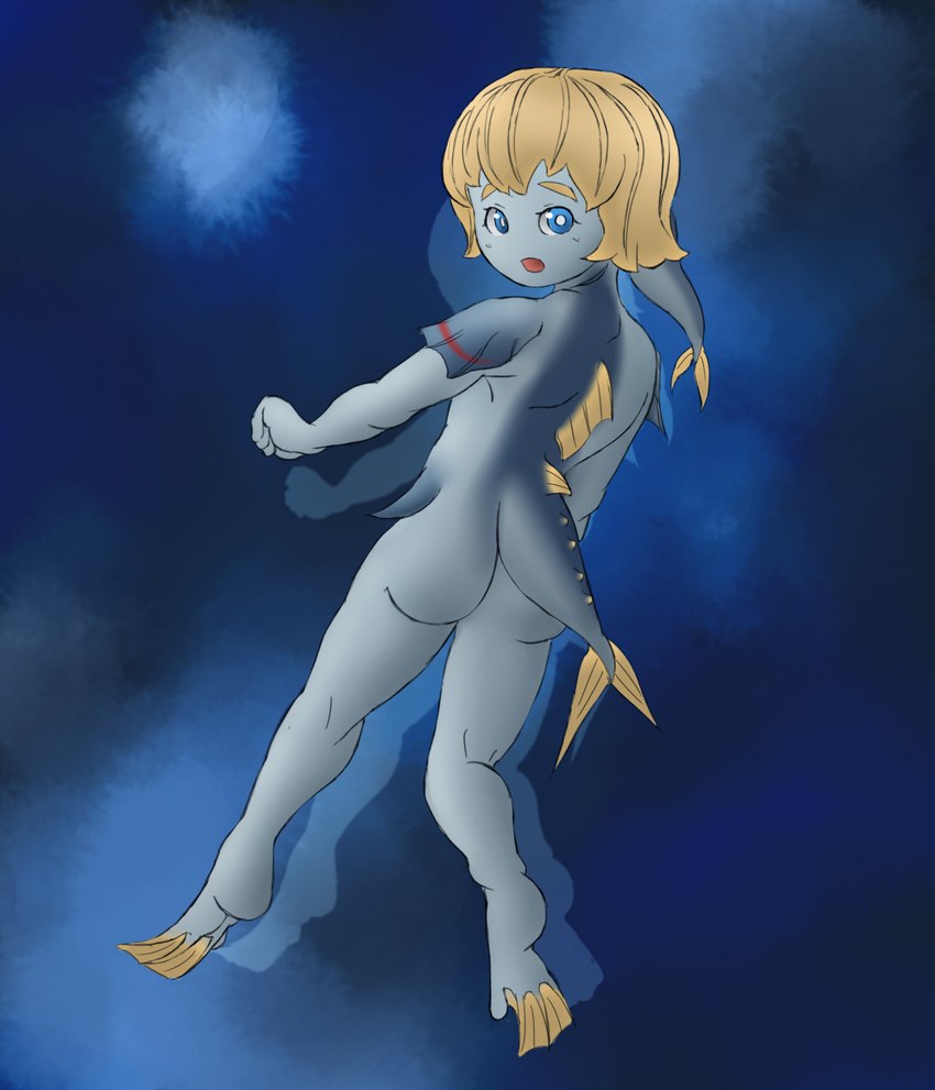 alternate_species anthro blonde_hair blue_background blue_body blue_eyes female fin hair head_tail simple_background solo tail magu0025mk2 cookie_(touhou) nintendo the_legend_of_zelda twilight_princess meguru_(cookie) animal_humanoid fish fish_humanoid humanoid marine marine_humanoid scombrid scombriform tuna zora hi_res