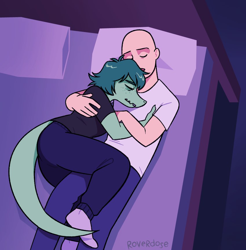 5_fingers anthro bald bed black_clothing black_eyebrows black_shirt black_topwear blue_bottomwear blue_clothing blue_pants blue_sweatpants bottomwear clothed clothing cuddling duo eyebrows eyes_closed female fingers footwear freckles furniture green_body green_eyebrows green_hair green_scales green_skin green_tail hair humanoid_hands long_tail male pants pillow scales sharp_teeth shirt sleeping socks sweatpants tail teeth text thick_tail topwear white_clothing white_shirt white_topwear roverdose cavemanon_studios i_wani_hug_that_gator inco_(iwhtg) olivia_halford alligator alligatorid crocodilian human mammal reptile scalie 2025 artist_name digital_media_(artwork) signature