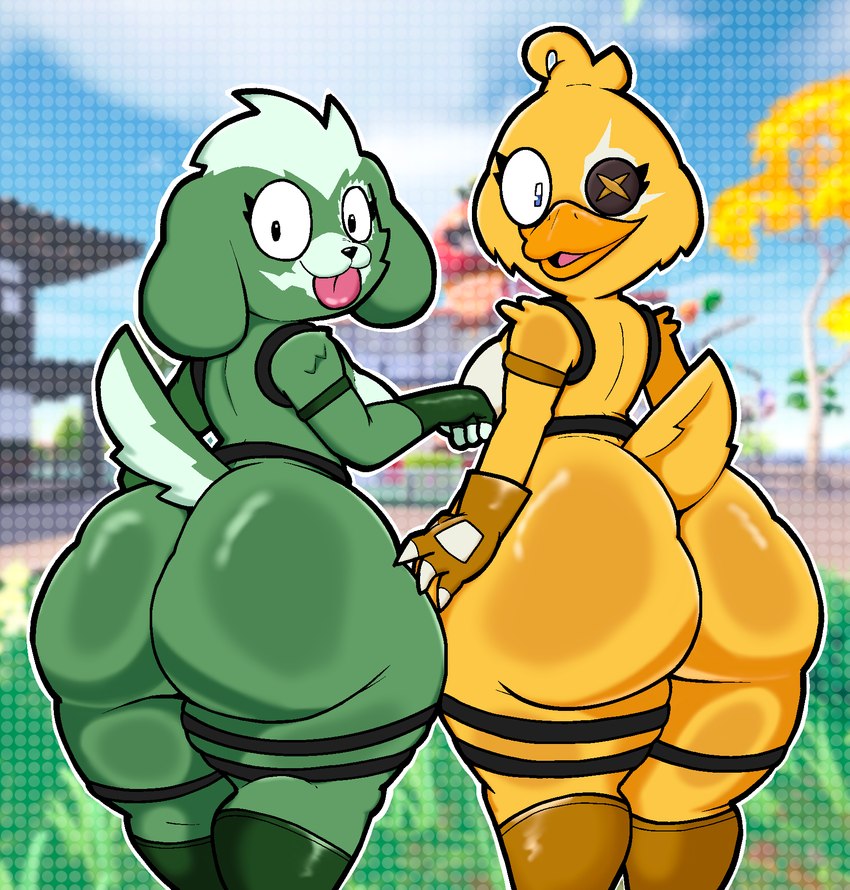 anthro big_butt breasts butt button_(fastener) button_eyes detailed_background duck_bill duo female fur genitals green_body green_fur looking_at_viewer looking_back penis side_boob tail thick_thighs tongue tongue_out yellow_body lewdewott epic_games fortnite clover_team_leader quackling_(fortnite) anatid anseriform avian bird canid canine canis domestic_dog duck mammal digital_drawing_(artwork) digital_media_(artwork) hi_res