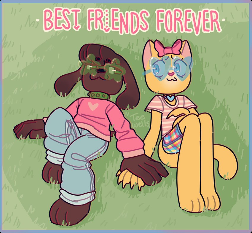 :3 anthro bottomwear brown_body brown_fur claws clothing collar denim denim_bottomwear denim_clothing duo eyewear feet female floppy_ears fur glasses grass hand_holding hindpaw jeans pants paws plant shirt t-shirt tail topwear tee-wells hasbro littlest_pet_shop littlest_pet_shop:_popular brooklyn_hayes lps_77 lps_78 savannah_reed canid canine canis domestic_cat domestic_dog felid feline felis mammal