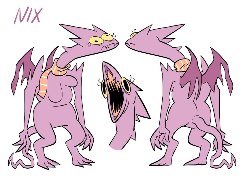 3_toes 4_fingers anthro breasts claws deformed deformed_breasts derp_eyes digitigrade eyelashes fangs featureless_breasts featureless_crotch feet female fingers horn long_neck mostly_nude nude open_mouth pink_body pink_skin purple_wings scarf scarf_only sharp_teeth simple_background solo spikes spikes_(anatomy) teeth toe_claws toes white_background wings yellow_eyes yellow_sclera hannah_daigle satina_wants_a_glass_of_water nix_(satina) demon scalie hi_res model_sheet official_art