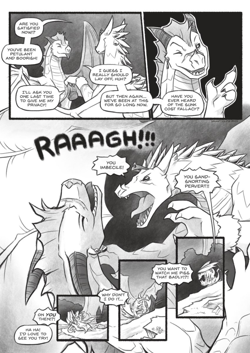 ambiguous_gender dialogue duo feral fight hill piercing text tongue tongue_out tumbling conditional_dnp grumpyvulpix european_mythology mythology wings_of_fire qibli_(wof) winter_(wof) dragon icewing_(wof) mythological_creature mythological_scalie sandwing_(wof) scalie western_dragon comic english_text greyscale hi_res monochrome