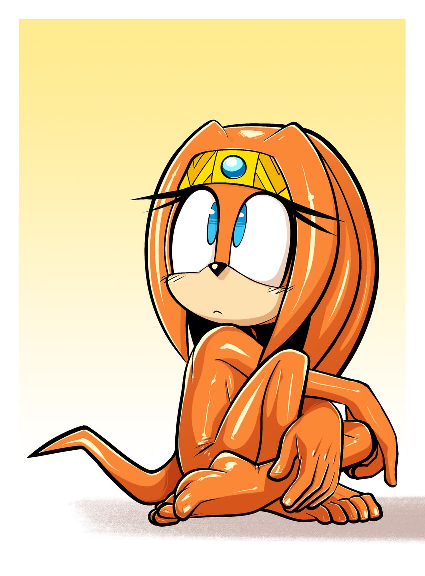 anthro barefoot blue_eyes feet female multicolored_body nude orange_body simple_background soles solo tan_body two_tone_body lettuce_(artist) sega sonic_adventure sonic_the_hedgehog_(series) tikal_the_echidna echidna mammal monotreme 2023 absurd_res hi_res