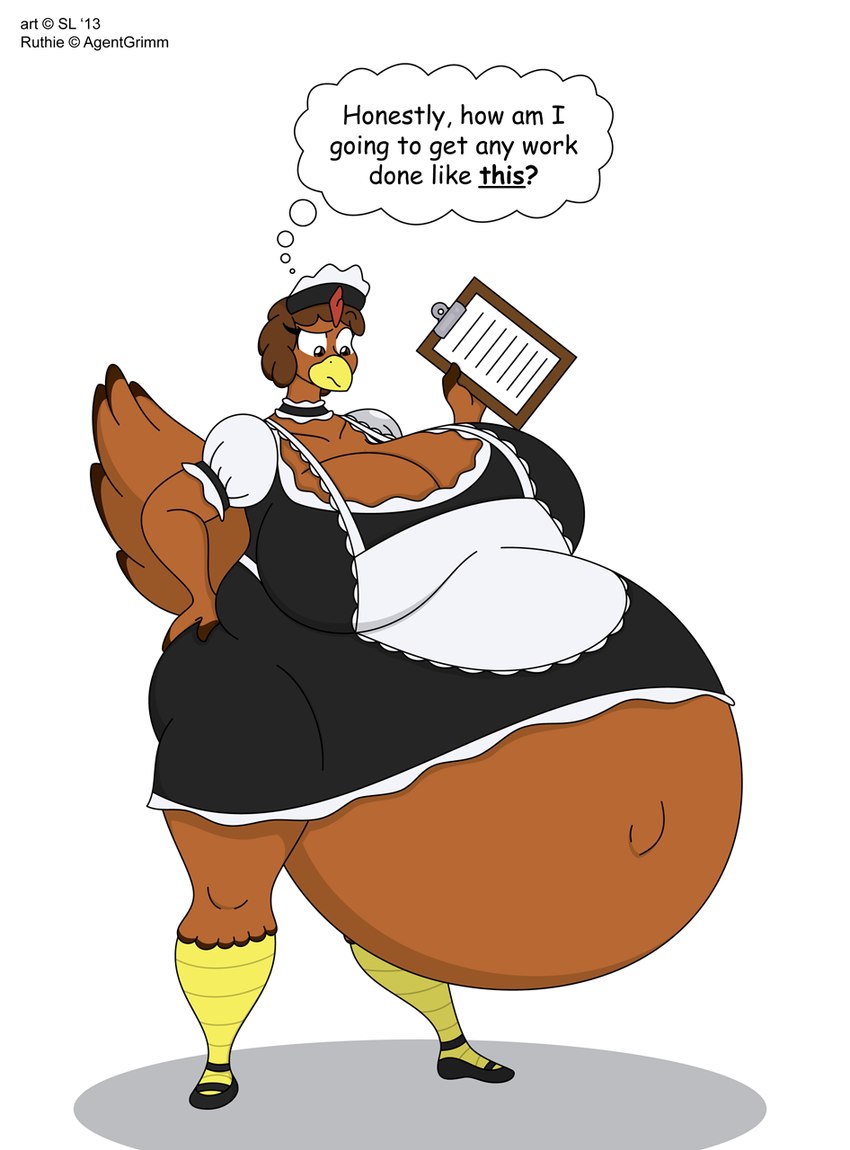 anthro beak belly big_belly big_breasts breasts brown_body brown_eyes brown_feathers brown_hair clipboard clothing copyright_symbol feathers female footwear hair hand_on_butt huge_belly huge_breasts hyper hyper_belly hyper_pregnancy maid_uniform navel non-mammal_breasts outie_navel paper pregnant shoes solo symbol text thick_thighs thought_bubble uniform satsumalord ruthie_(grimmagent) avian bird chicken galliform gallus_(genus) phasianid rhode_island_red 2013 comic_sans digital_media_(artwork) english_text hi_res