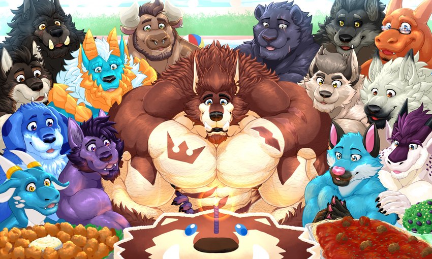 2_horns abdominal_scar abs anthro arm_tuft beard birthday birthday_cake black_body black_fur black_hair black_snout blowing_out_candles blue_body blue_eyes blue_fur blue_scales brown_body brown_fur brown_hair cake candle cheek_scar chest_scar chest_tattoo claws dessert ear_piercing ear_ring eye_scar eyewear facial_hair facial_piercing facial_scar facial_spikes finger_claws fire floppy_ears food fur furniture glasses goatee grey_body grey_fur grey_hair group hair heterochromia horn horn_jewelry horn_ring jewelry lit_candle long_hair male meatball multicolored_body multicolored_fur multicolored_scales muscular muscular_anthro muscular_male nose_piercing nose_ring orange_body orange_eyes orange_scales outside pasta pawpads pecs piercing pink_inner_ear pink_nose pink_pawpads pool purple_body purple_eyes purple_fur purple_hair ring_(jewelry) ring_piercing scales scar septum_piercing septum_ring sideburns spaghetti spikes spikes_(anatomy) table tan_body tan_fur tattoo tuft tusks two_tone_body two_tone_fur two_tone_scales white_body white_eyes white_fur white_hair white_scales yellow_eyes titandraugen capcom kingdom_hearts monster_hunter mythology nintendo pokemon square_enix berry_(chocobullberry) fan_character foreseth_(character) jinougara kouya_wulfhardt mako_(makowolf1) raikuro_akumura vaisz_(character) werethrope_laporte bovid bovine canid canine canis cattle charizard domestic_dog dragon fanged_wyvern felid generation_1_pokemon mammal mythological_creature mythological_scalie pantherine pokemon_(species) scalie were werecanid werecanine wolf zinogre 2021 5:3 hi_res