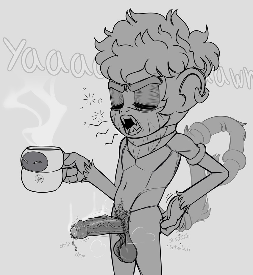 5_fingers accessory anthro ball_tuft balls beverage biped bodily_fluids body_hair coffee container cup dripping ear_piercing ear_ring erection eyebrows eyes_closed fangs fingers foreskin fur furgonomics genital_fluids genitals grey_text hair holding_container holding_cup holding_mug holding_object humanoid_genitalia humanoid_penis jewelry male male_anthro morning morning_wood mostly_nude mostly_nude_anthro mostly_nude_male mug navel open_mouth partially_retracted_foreskin penis piercing precum precum_drip pubes ring ring_piercing saggy_balls scarf scarf_only scratching_butt short_hair side_view solo sound_effects standing steam tail tail_accessory tail_jewelry tail_ring teeth text thick_eyebrows tuft urethra vein veiny_penis white_text yawn dibujito disney pixar sega sonic_the_hedgehog_(series) wall-e bang_the_monkey eve_(wall-e) fan_character haplorhine mammal monkey primate 2025 absurd_res english_text greyscale hi_res monochrome