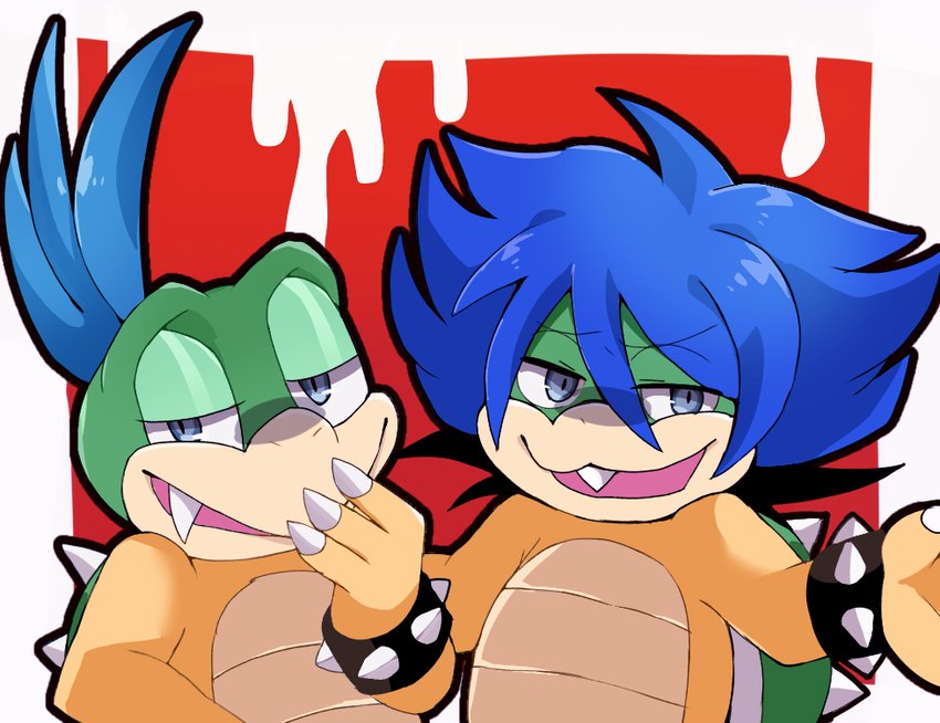 anthro blue_hair bracelet duo fangs green_shell grey_eyes hair jewelry male multicolored_body multicolored_scales narrowed_eyes scales shell simple_background spiked_bracelet spiked_shell spikes spikes_(anatomy) teeth zeso mario_bros nintendo koopaling larry_koopa ludwig_von_koopa koopa scalie