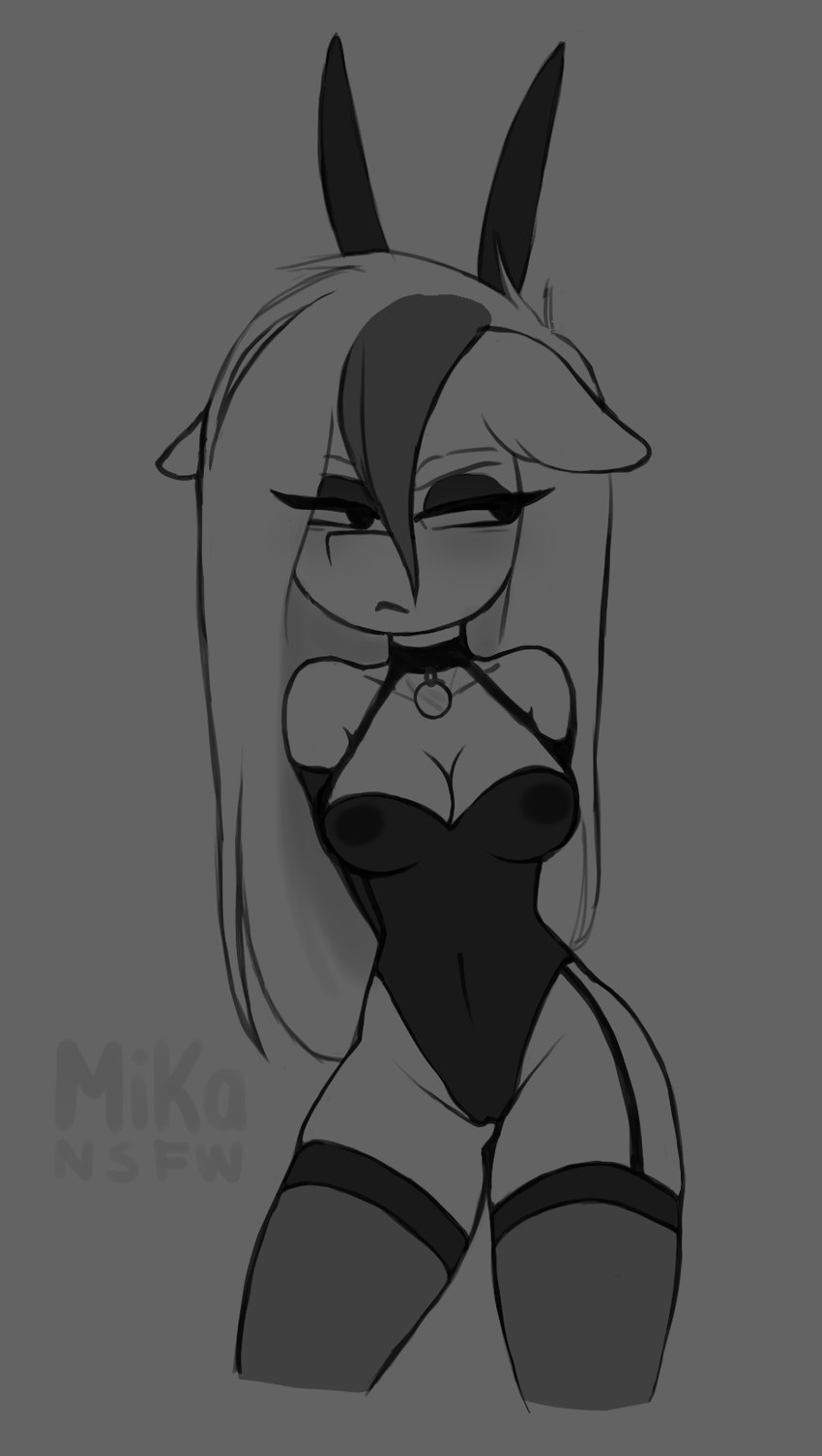 anthro blush bunny_costume clothing collar costume female footwear hair multicolored_hair nipple_outline socks solo mikansfw paige_(mikansfw) equid equine horse mammal hi_res monochrome