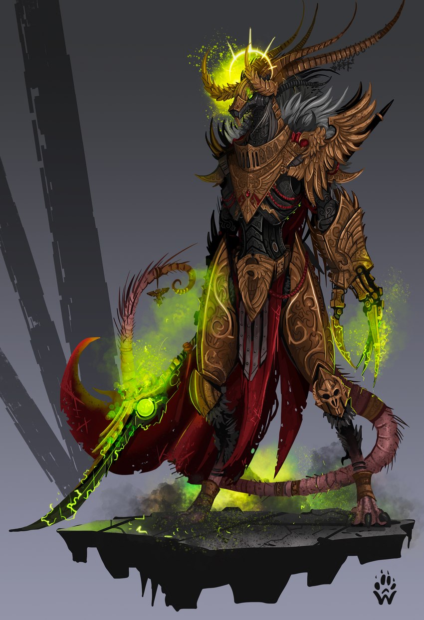 3_toes alternate_species anthro armor black_armor black_claws cape claw_(weapon) claws clothing cosplay crossover_cosplay feet fur fusion gold_(metal) gold_armor gradient_background green_eyes green_glow grey_body grey_fur halo lance looking_aside male melee_weapon pink_tail polearm red_cape red_clothing simple_background skull_symbol solo standing tail toes weapon wolfdawg warhammer_(franchise) warhammer_40000 warhammer_fantasy emperor_of_mankind the_horned_rat mammal murid murine rat rodent skaven absurd_res crossover hi_res watermark