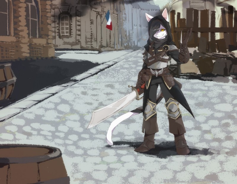 anthro armor assassin clothed clothing emo_haircut flag footwear fur hair hidden_blade hood looking_at_viewer male melee_weapon pose smile solo sword weapon white_body white_fur yellow_eyes oouyuki_benten assassin's_creed ubisoft ryan_(ryanwolfeh) domestic_cat felid feline felis mammal 2014