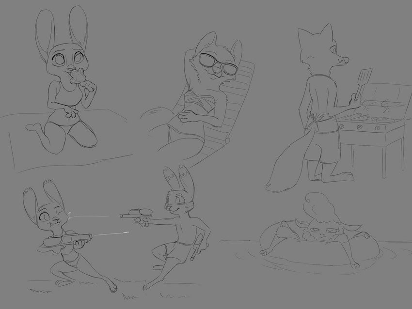 anthro apron bikini clothed clothing cooking ear_markings eyewear facial_markings female food fur grill group head_markings holding_food holding_object inflatable inner_tube kneeling male markings midriff pawpsicle popsicle reclining standing sunglasses swimming_trunks swimwear topless toy toy_gun two-piece_swimsuit water water_gun tggeko disney zootopia dawn_bellwether jack_savage judy_hopps nick_wilde skye_(zootopia) arctic_fox bovid canid canine caprine fox lagomorph leporid mammal rabbit red_fox sheep true_fox 4:3 monochrome sketch_page