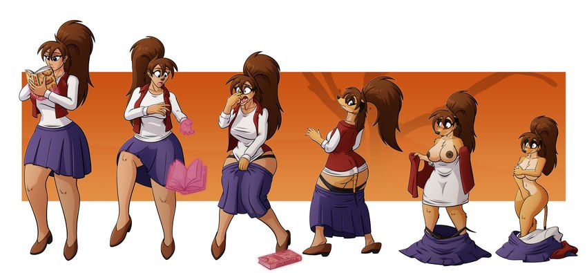 anthro big_breasts book bottomwear breasts brown_body brown_fur brown_hair butt clothing covering covering_breasts covering_crotch facial_markings female footwear fur growth hair head_markings holding_book holding_object human_to_anthro magic markings mask_(marking) navel nipples nude open_mouth ponytail shirt shoes shrinking simple_background size_transformation skirt solo species_transformation standing surprised tail tail_growth topwear transformation transformation_sequence underwear s7v8 herpestid human mammal meerkat digital_media_(artwork) hi_res sequence