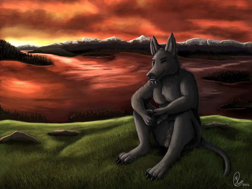 anthro black_body black_fur calm dusk facial_piercing fur grass labret_piercing lake landscape lip_piercing male mountain nude orange_sky piercing plant relaxing sitting sky solo sunset yenocwolf hex hex_(satanic-furry) canid canine canis jackal mammal 4:3 absurd_res digital_media_(artwork) digital_painting_(artwork) hi_res warm_colors