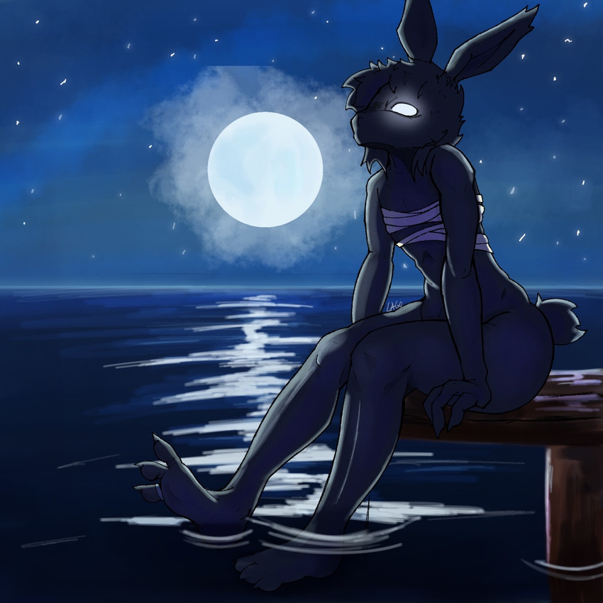 ambiguous_gender anthro bandage big_butt butt claws feet foot_fetish glowing glowing_eyes light looking_up moon moonlight mostly_nude night partially_submerged reflection scut_tail short_tail sky solo tail thick_thighs toe_claws water wide_hips jimhongdingdong humanoid lagomorph mammal 1:1 hi_res
