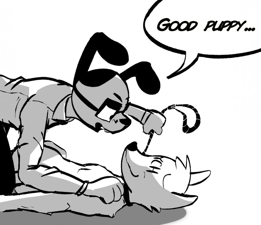 ambiguous_gender anthro bdsm bottomwear clothing collar duo eye_contact eyewear glasses leash leash_pull looking_at_another male male/male necktie nude_anthro pants petplay roleplay shirt smile text toony topwear vv0ltz canid canine canis domestic_dog mammal black_and_white english_text hi_res monochrome sketch