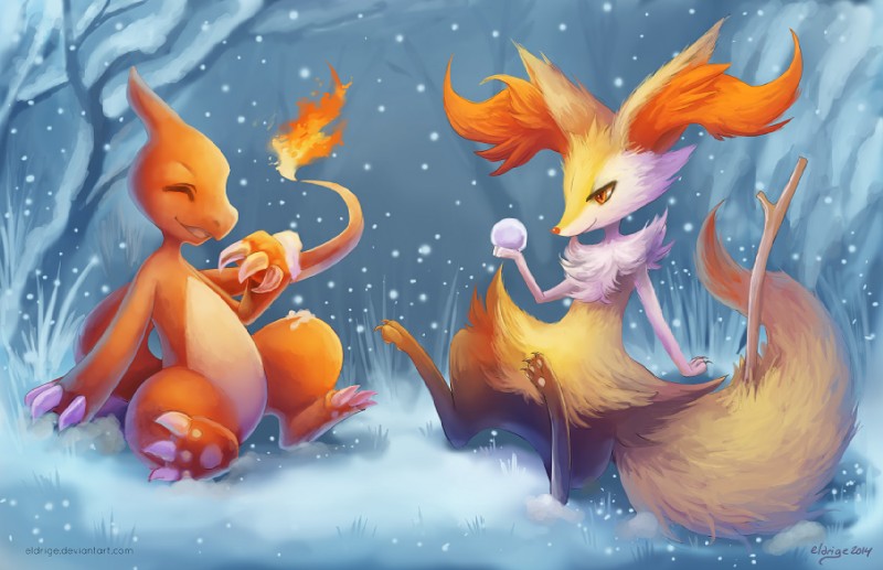 ambiguous_gender anthro claws detailed_background duo eyes_closed fire flaming_tail forest grass happy inner_ear_fluff open_mouth orange_body orange_skin outside pawpads paws plant romantic romantic_ambiance romantic_couple sitting smile snow snowing tail tree tuft eldrige nintendo pokemon braixen canid canine charmeleon generation_1_pokemon generation_6_pokemon mammal pokemon_(species) restricted_palette