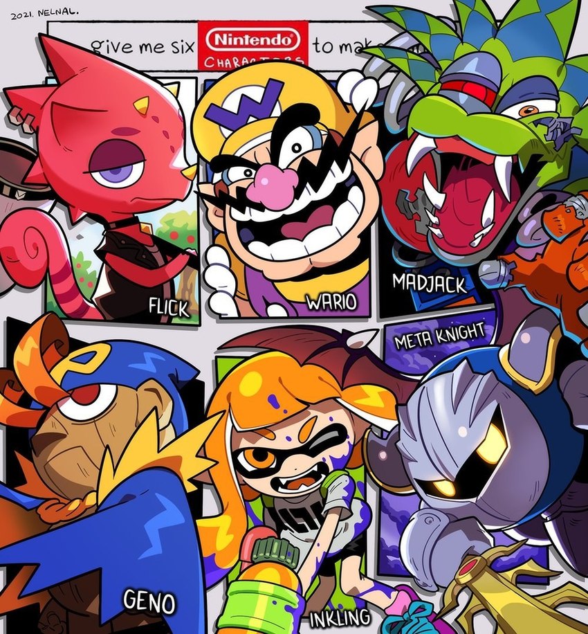 ambiguous_gender anthro clothed clothing doll female group male nelnal animal_crossing donkey_kong_(series) kirby_(series) mario_bros nintendo six_fanarts_challenge splatoon super_mario_rpg_legend_of_the_seven_stars flick_(animal_crossing) geno_(mario) inkling_girl mad_jack meta_knight wario animal_humanoid animate_inanimate cephalopod cephalopod_humanoid human humanoid inkling living_doll mammal marine marine_humanoid mollusk mollusk_humanoid waddling_head 2021 meme