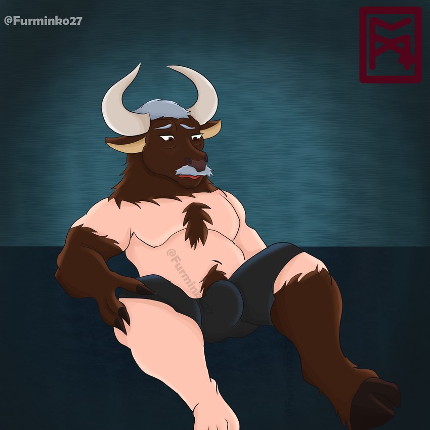 anthro brown_body brown_fur bulge facial_hair fur fur_growth growth male mustache sitting solo transformation furminko27 european_mythology greek_mythology mythology bovid bovine mammal minotaur 1:1 absurd_res hi_res